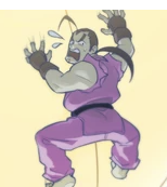 image description: a picture of dan hibiki clutching onto a yellow hot air balloon. he is a heavyset bijin wearing a pink gi. end image description.